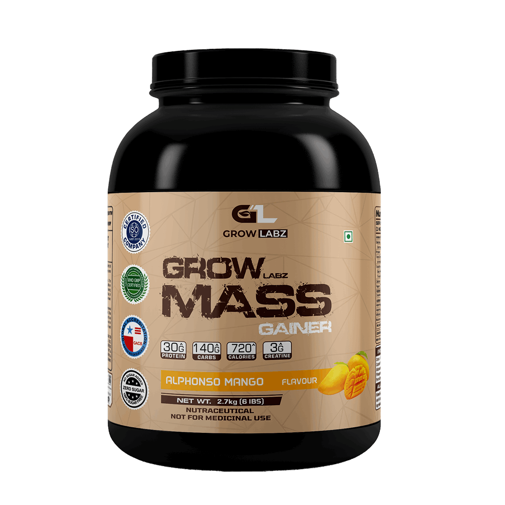 Grow Labz Mass Gainer supplement container with Alphonso Mango flavor on a white background