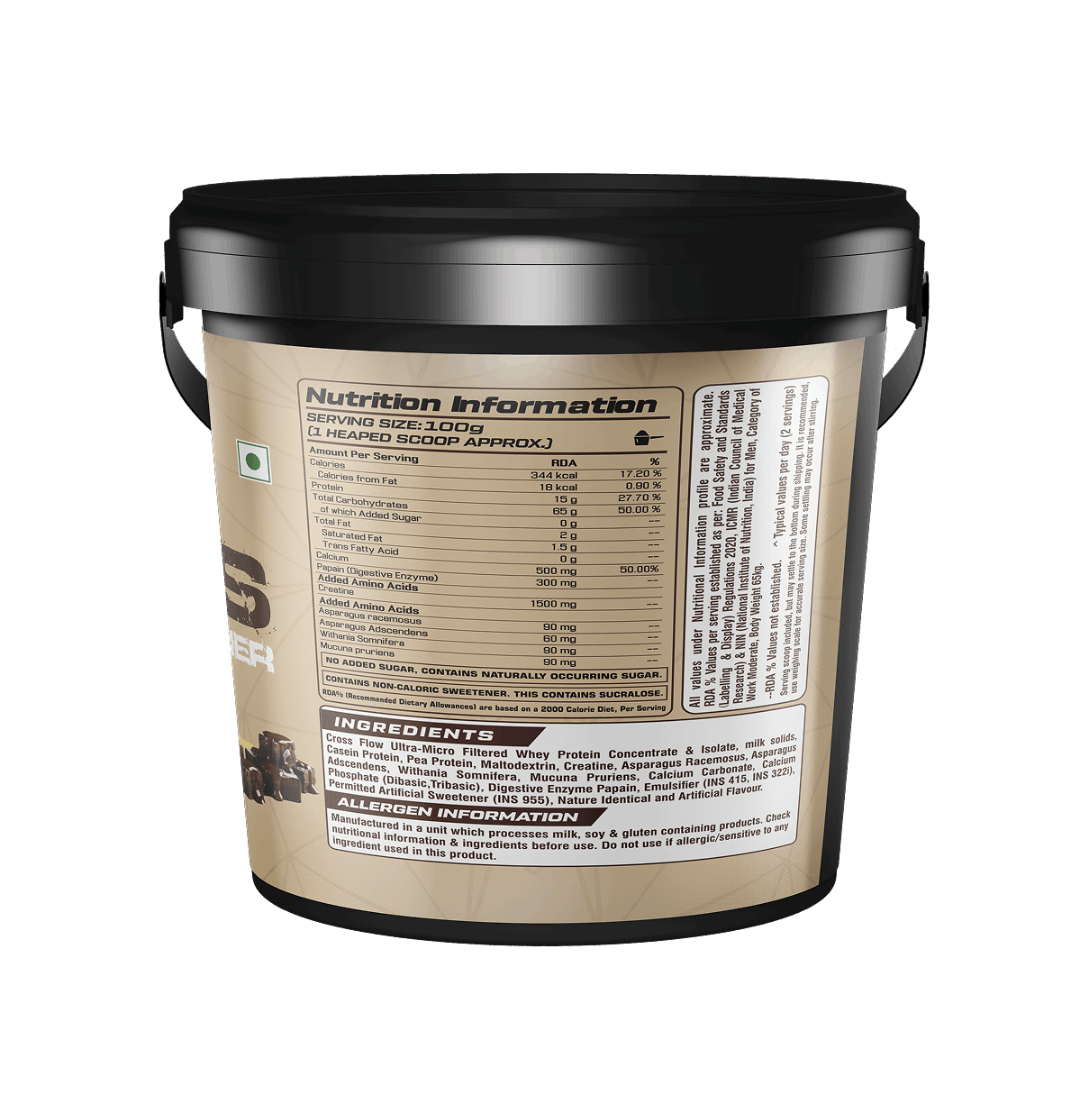 Nutrition information label on a protein powder container
