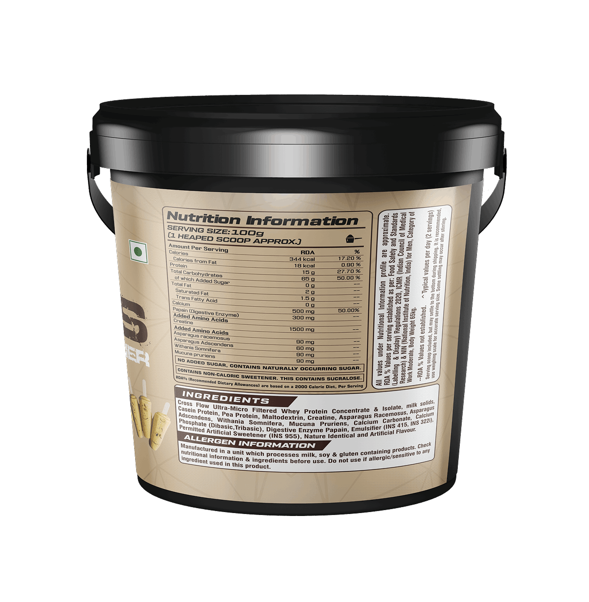 Nutrition information label on a protein powder container with a white background
