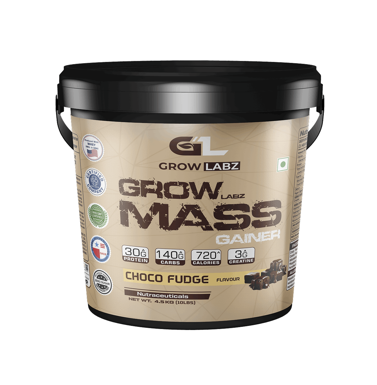 Grow Labz Mass Gainer supplement container with choco fudge flavor on a white background