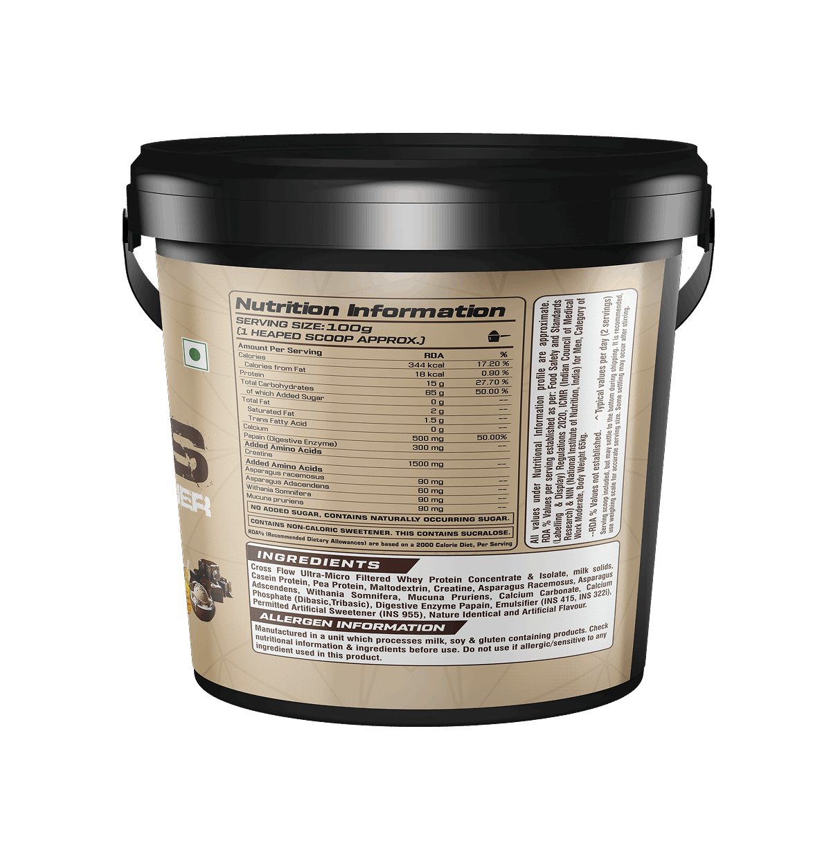 Nutrition information label on a protein powder container with a white background
