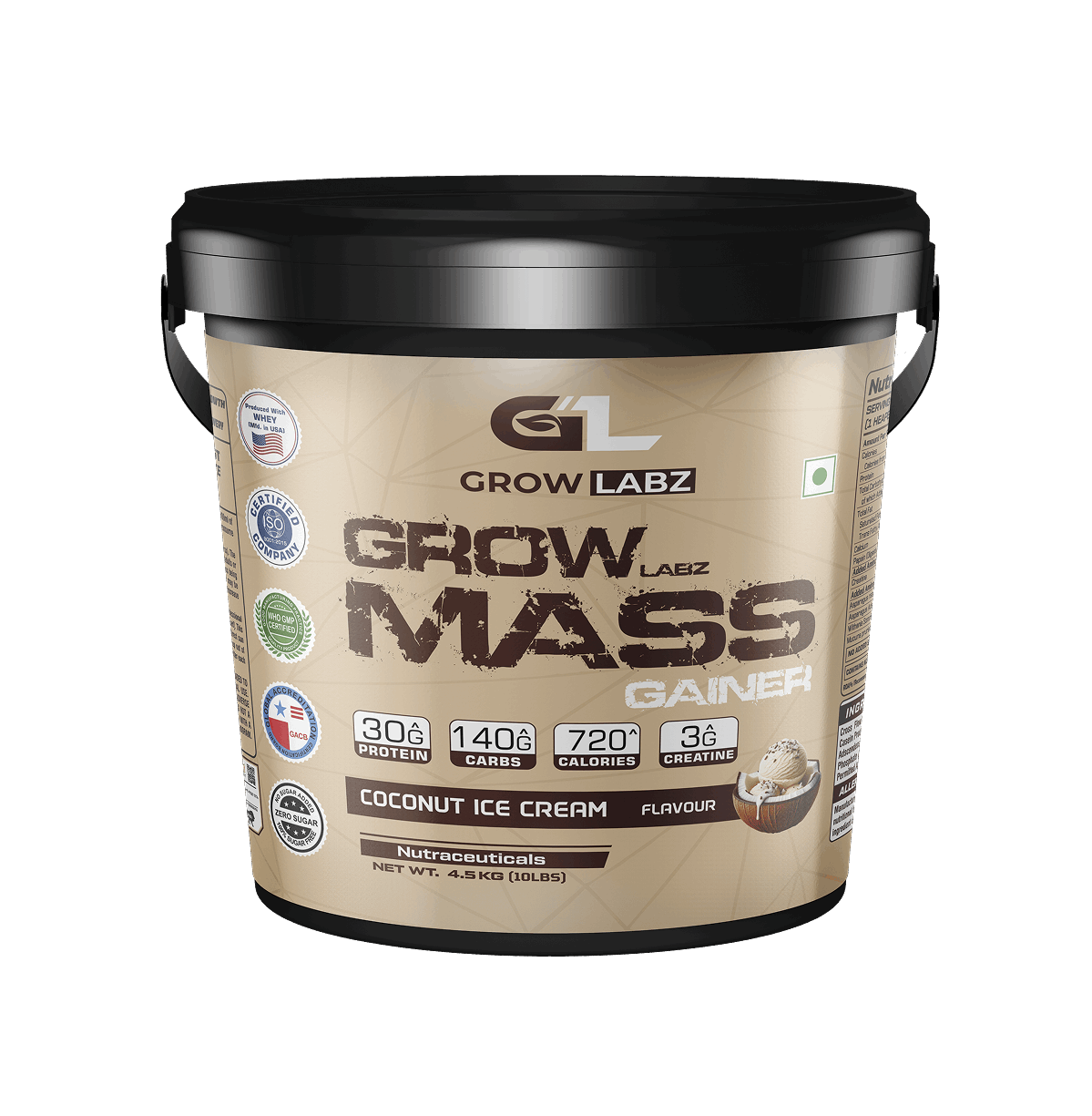 Grow Labz Mass Gainer supplement container with coconut ice cream flavor on a white background