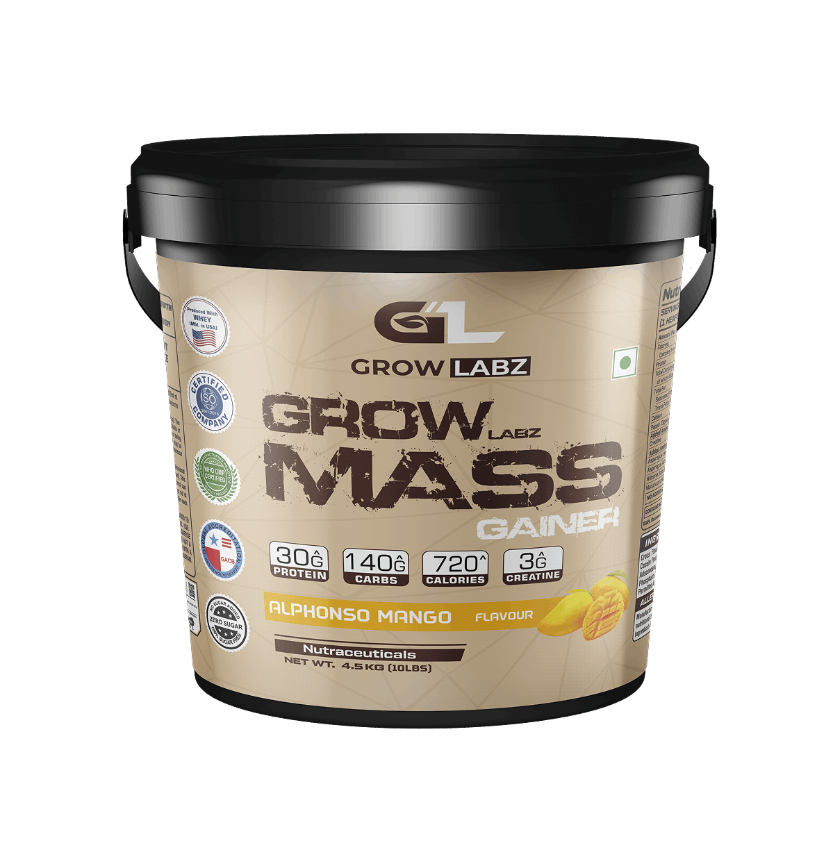 Grow Mass Gainer supplement container with Grow Labz branding on a white background