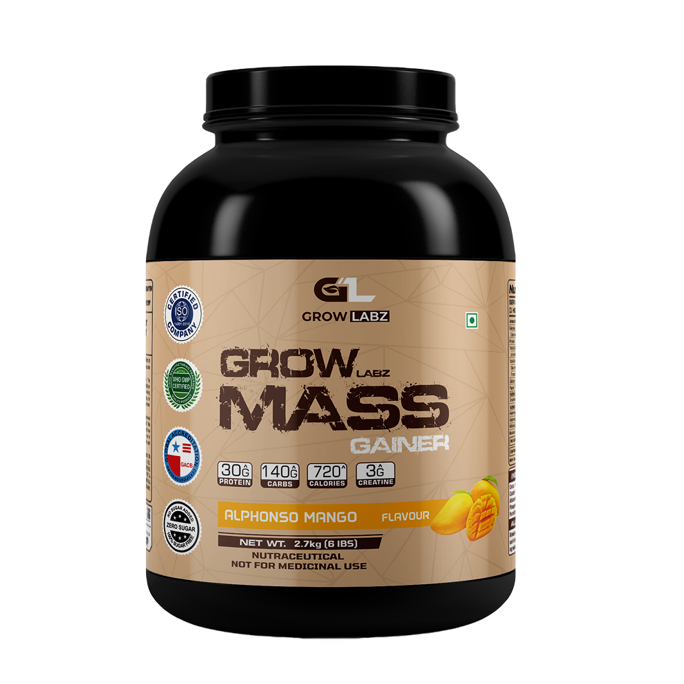 Grow Labz Mass Gainer supplement container with Alphonso Mango flavor on a white background