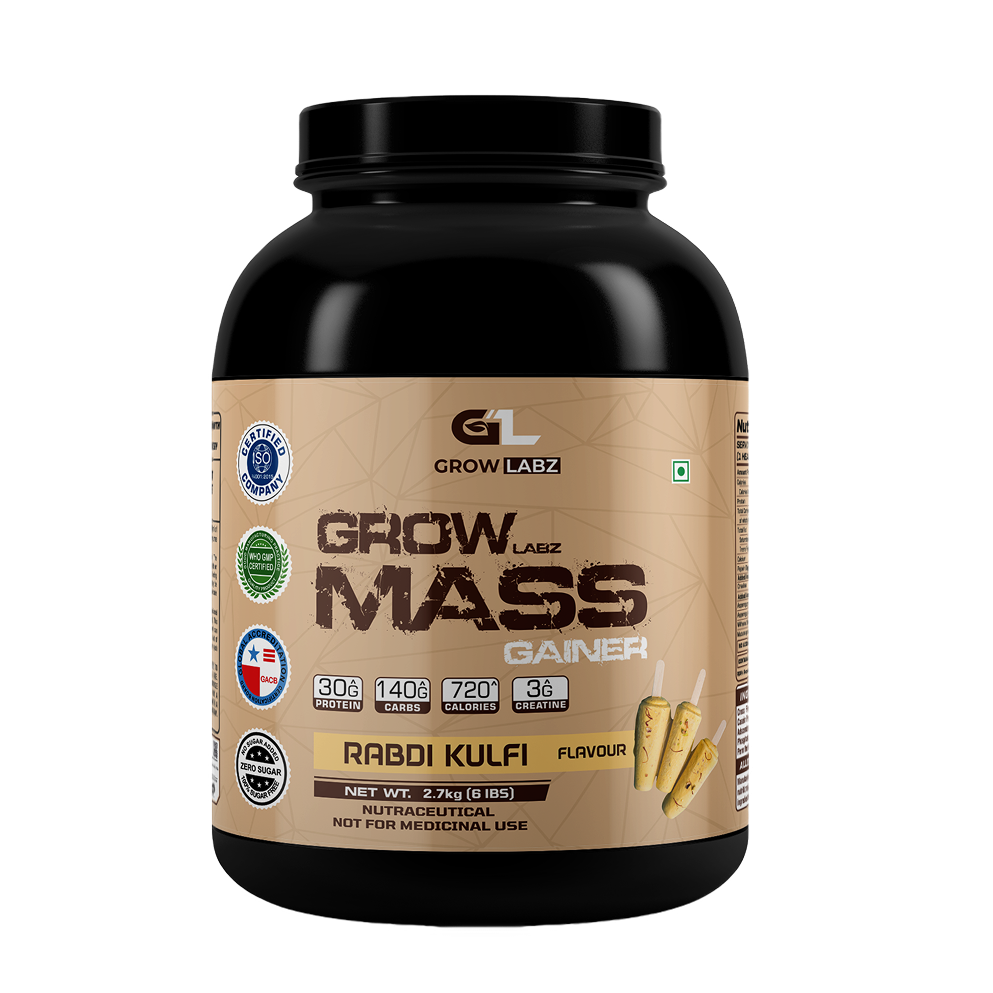 Grow Labz Mass Gainer supplement container with rabdi kulfi flavor on a white background
