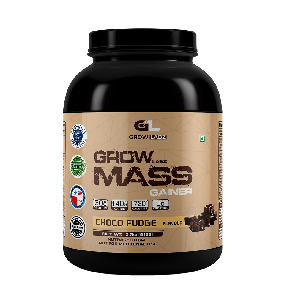 Grow Labz Mass Gainer supplement container with choco fudge flavor on a white background