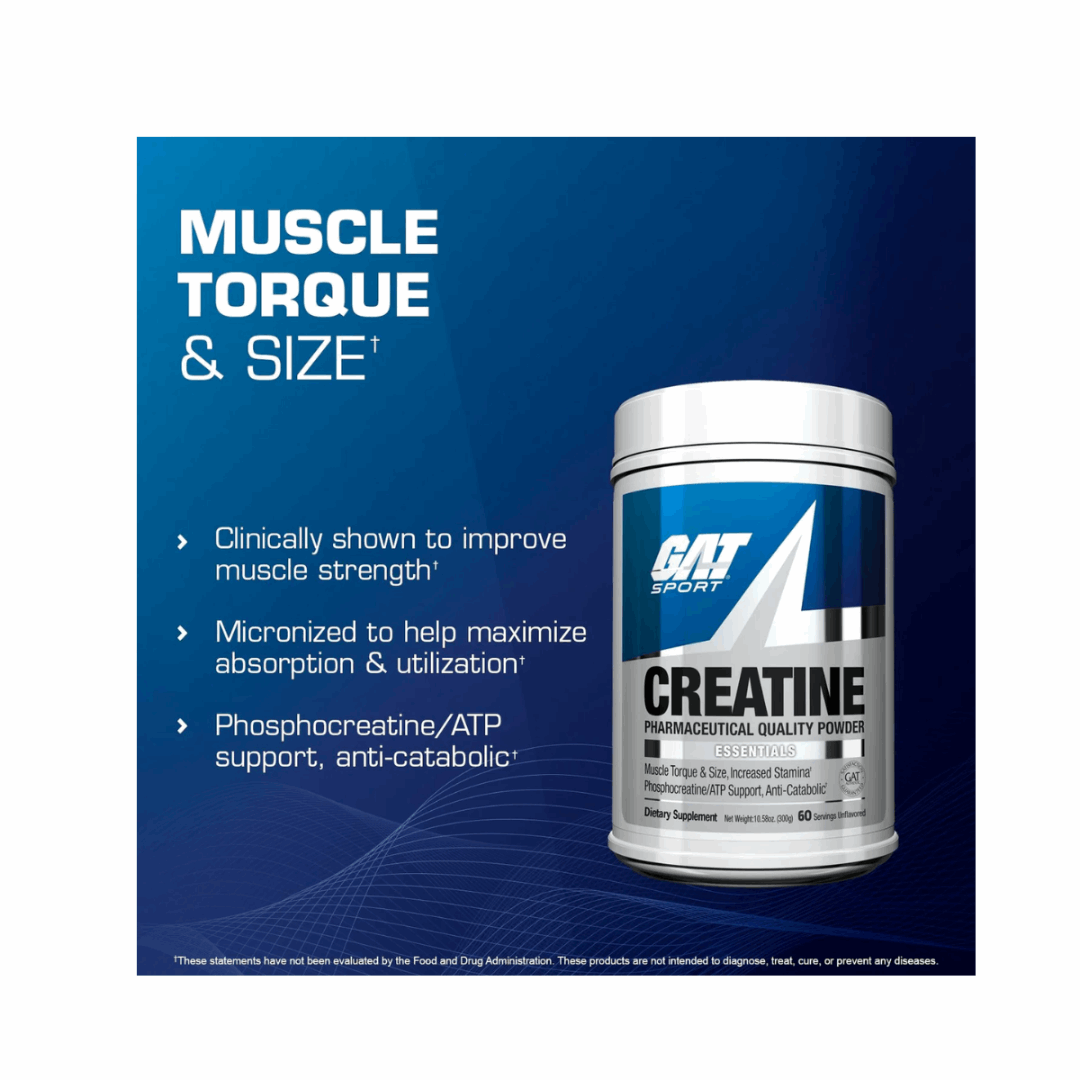 GAT Sport Creatine supplement container with promotional text on a blue background