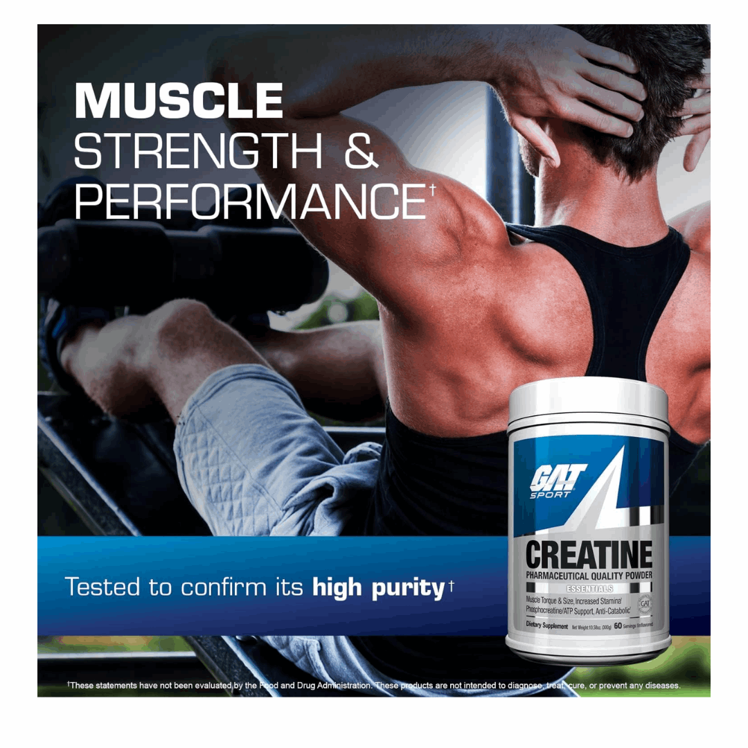 Advertisement for muscle strength and performance supplement with a person lifting weights in the background.
