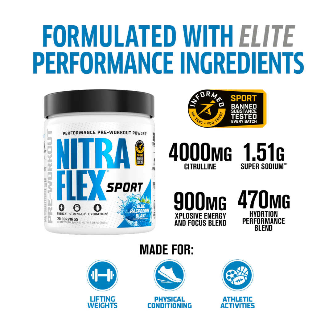 Nitra Flex Sport pre-workout powder container with performance ingredients and certifications on a white background