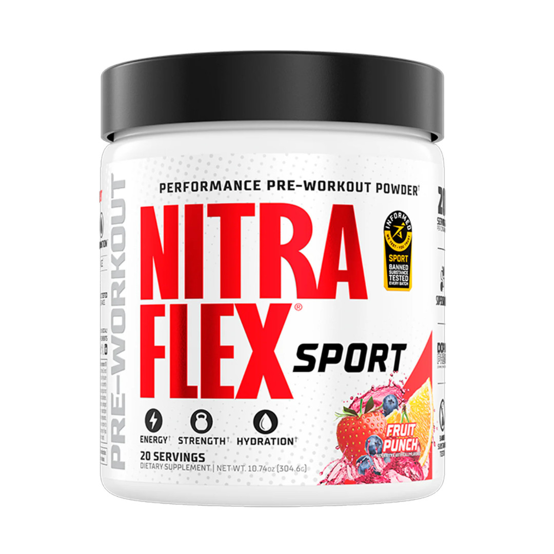 Nitra Flex Sport pre-workout powder container on a white background