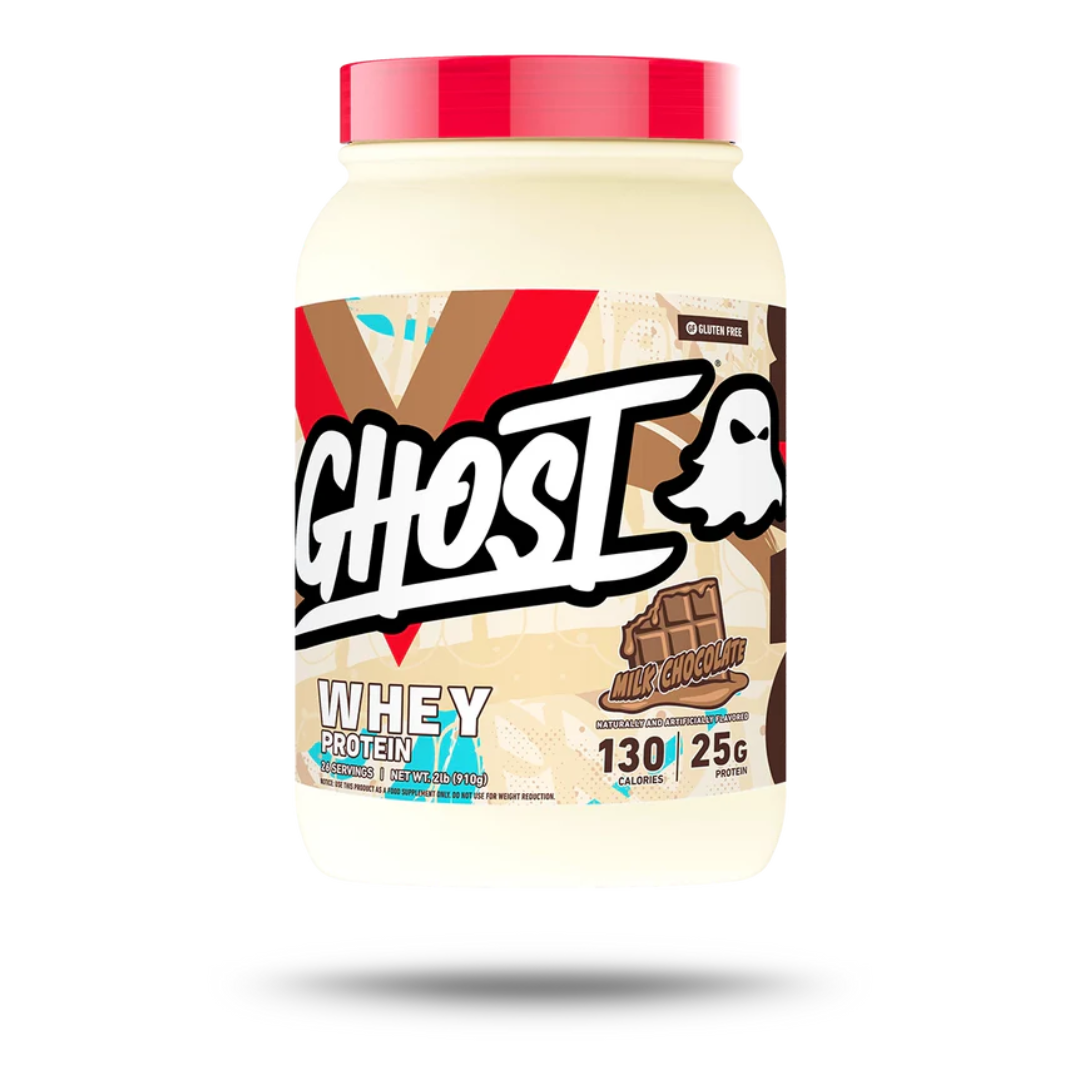 Ghost whey protein container with red and white lid on a white background