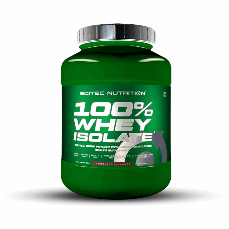 Green container of Scitec Nutrition 100% Whey Isolate on a white background