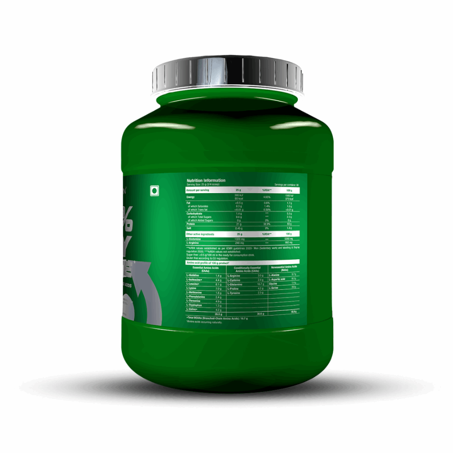 Green supplement container with label on a white background