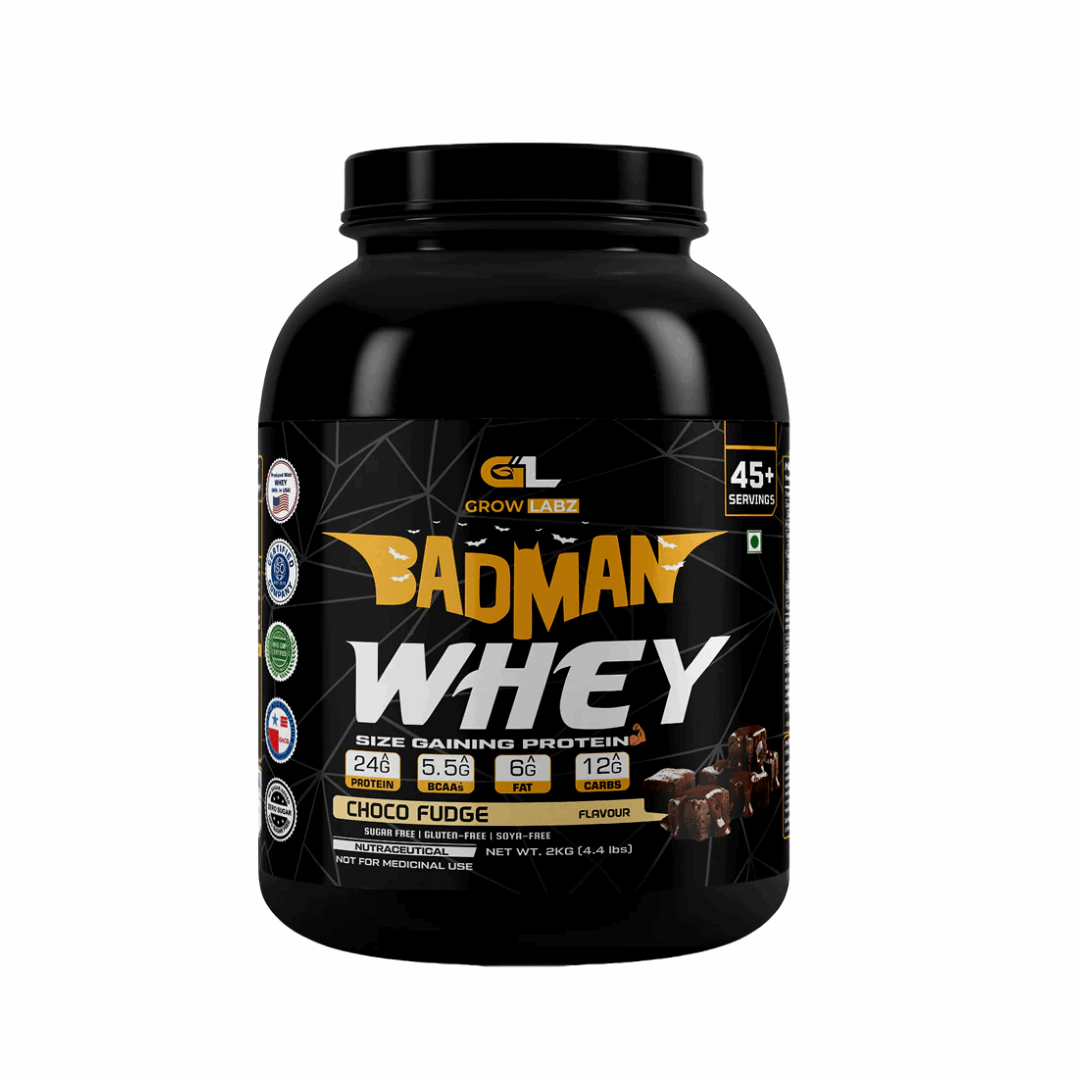 Black protein supplement container labeled 'Badman Whey' on a white background