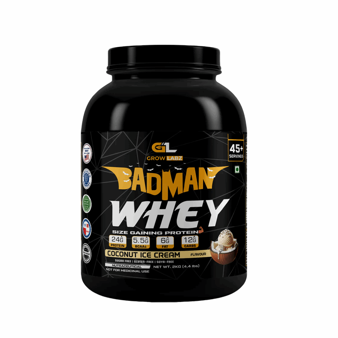 Black container of Badman Whey protein powder with branding and nutritional information on a white background