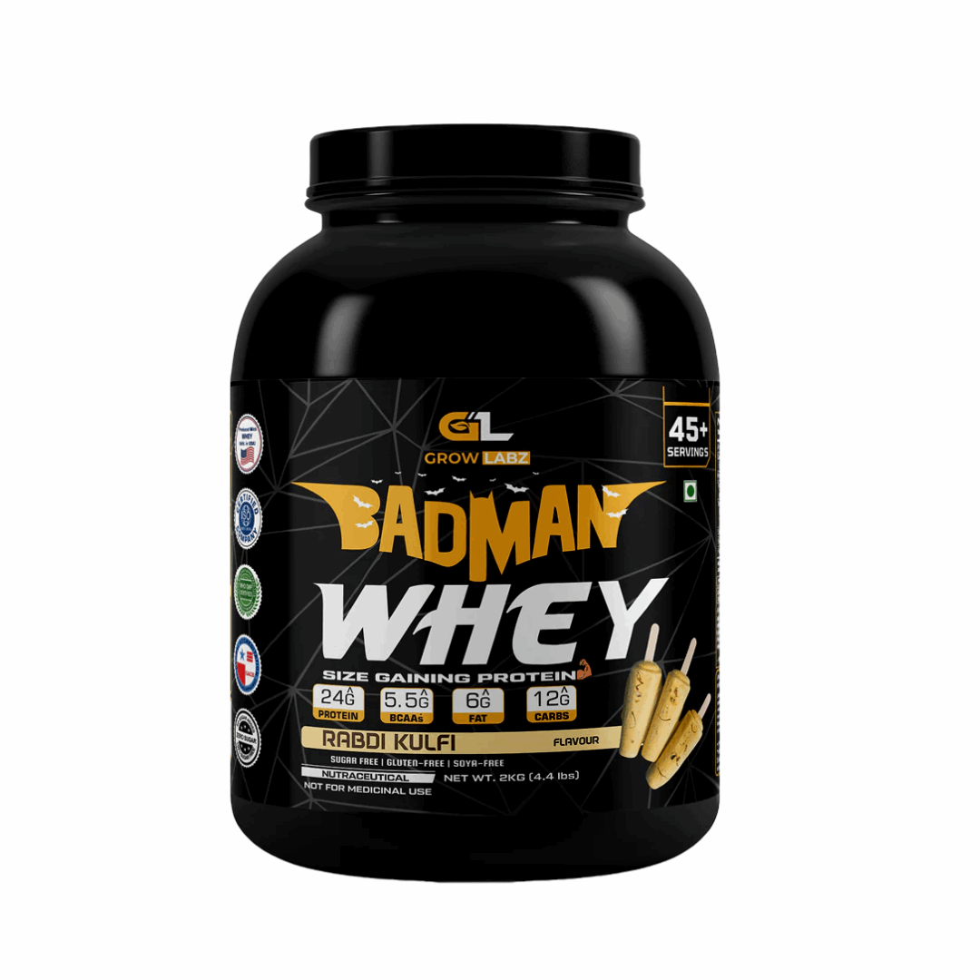 Black protein supplement container with 'Badman Whey' branding on a white background