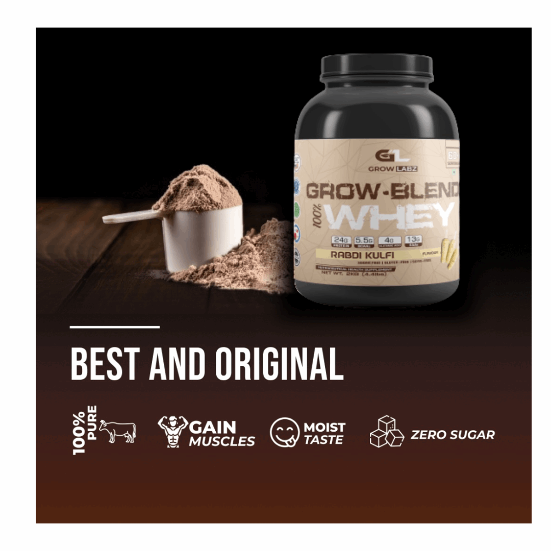Whey protein powder container with scoop and powder on a dark surface, featuring 'Grow Blend Whey' brand.