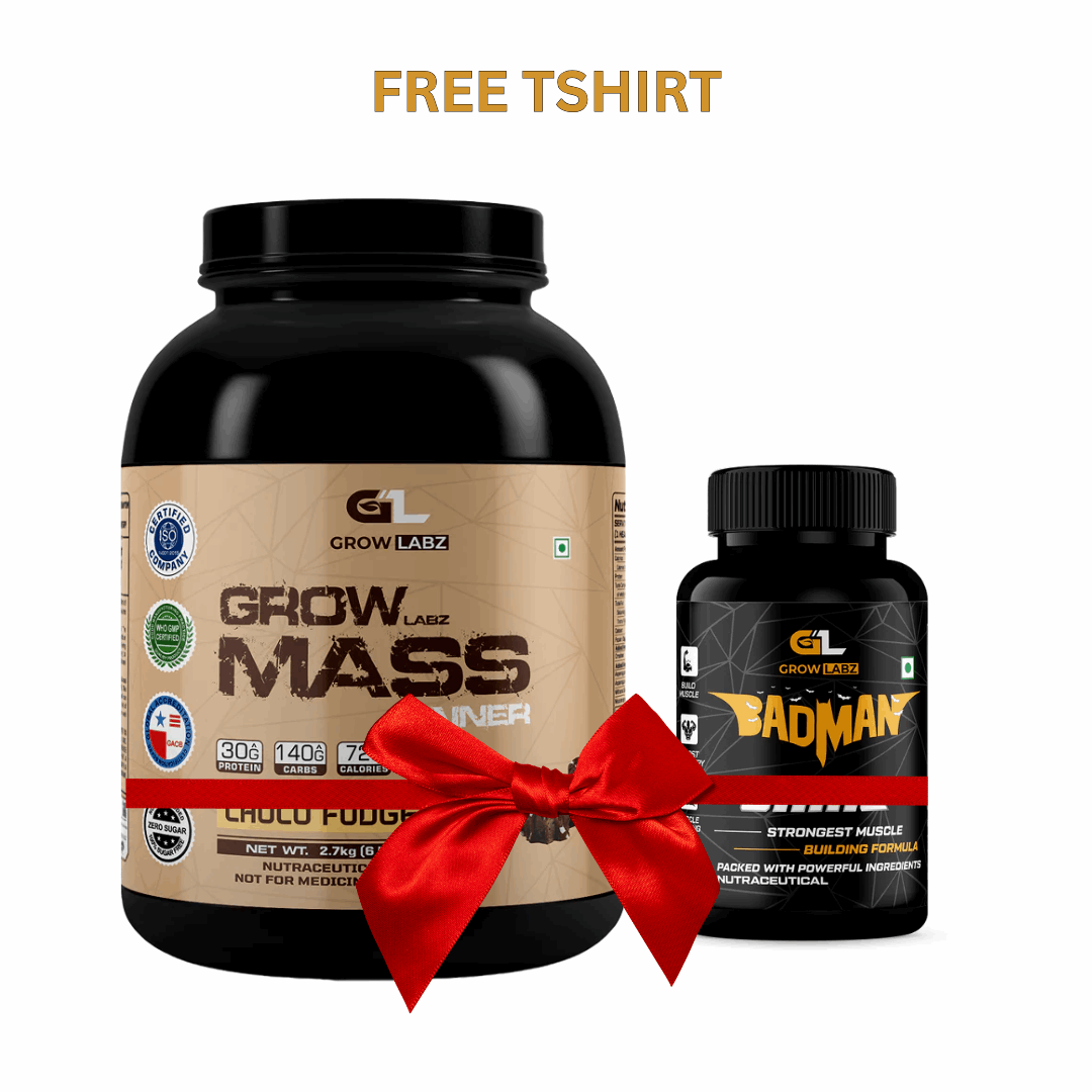 Two supplement bottles with a red bow on a white background, featuring 'Grow Labz' and 'Bad Man' products.