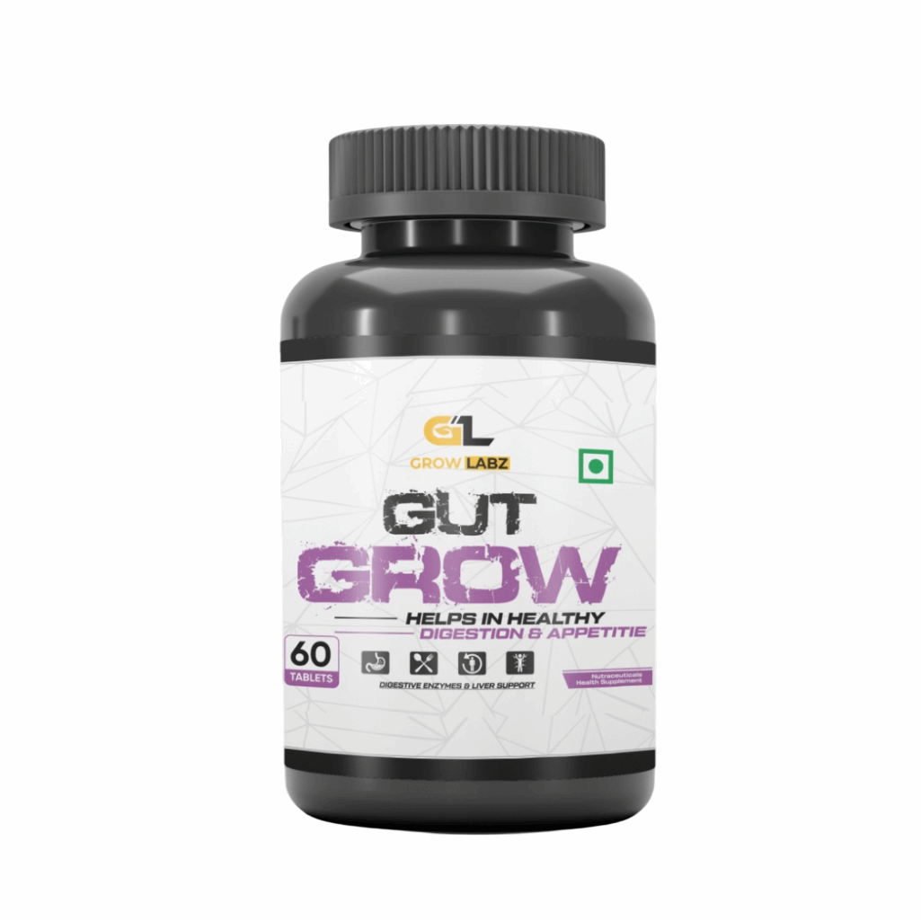 Supplement bottle labeled 'Gut Grow' by Grow Labz on a white background
