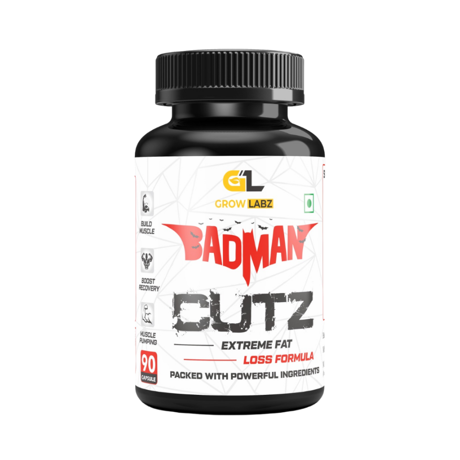 Supplement bottle labeled 'Badman Cutz' by Grow Labz on a white background