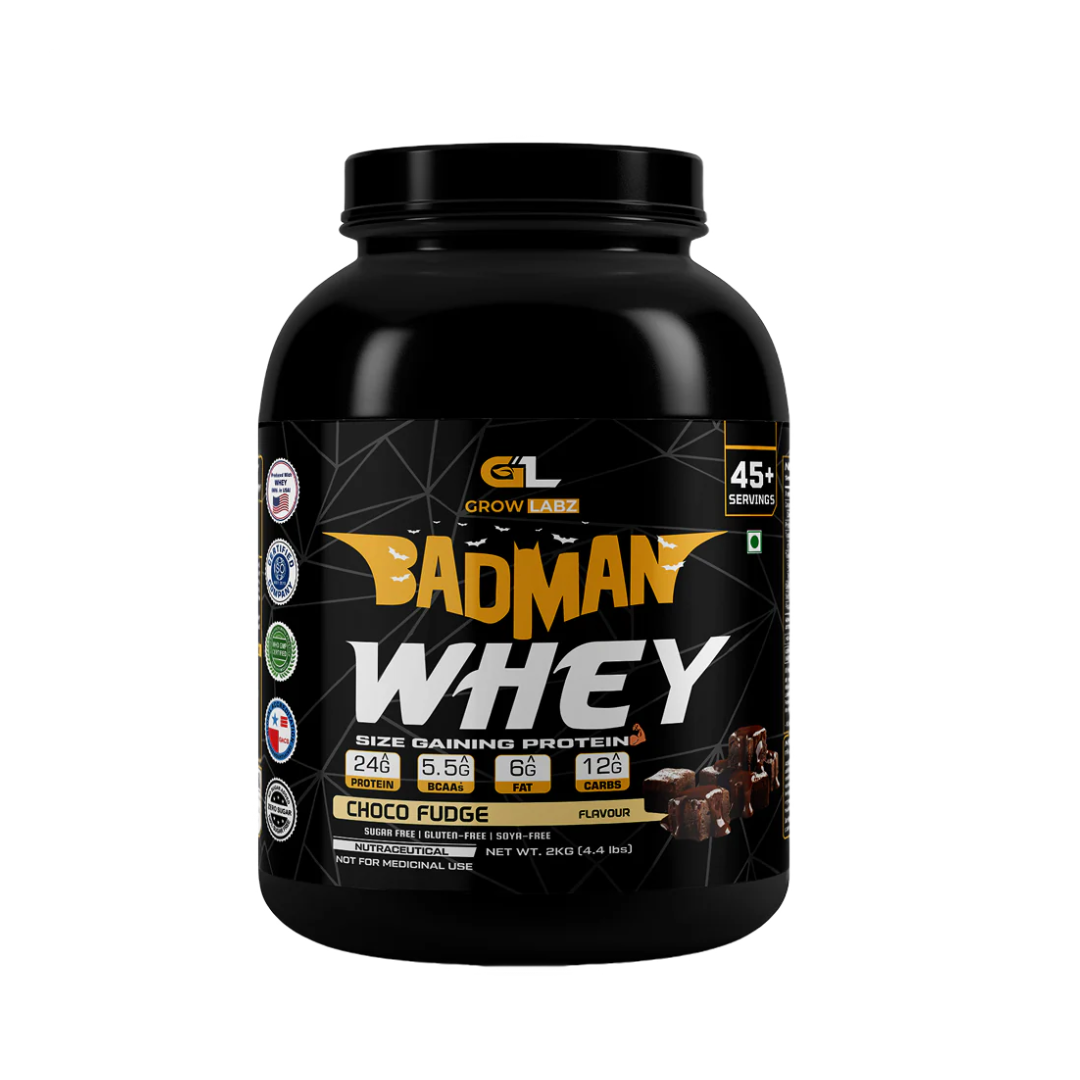 Black protein supplement container labeled 'Badman Whey' on a white background