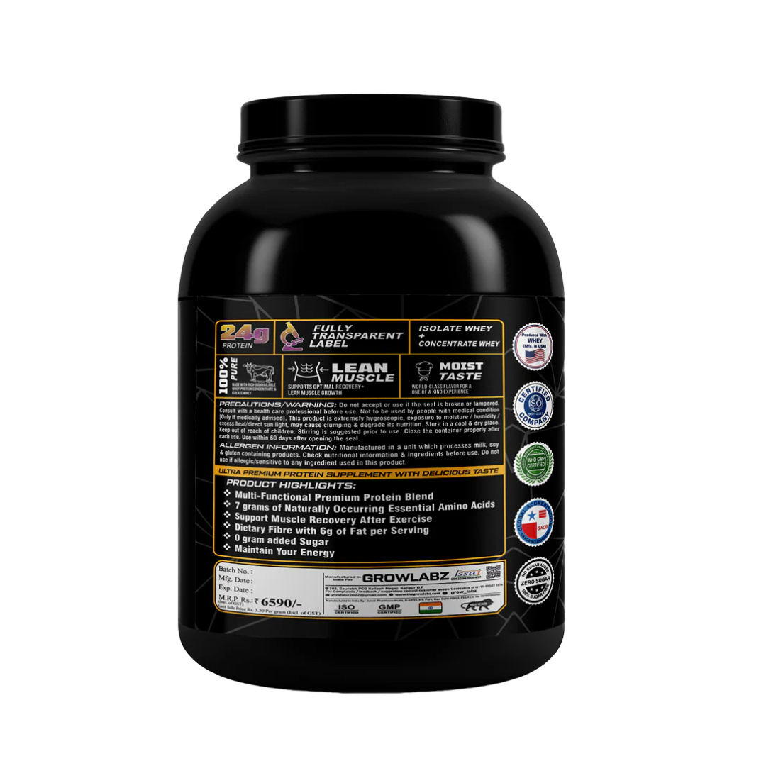 Black protein supplement container with label on a white background