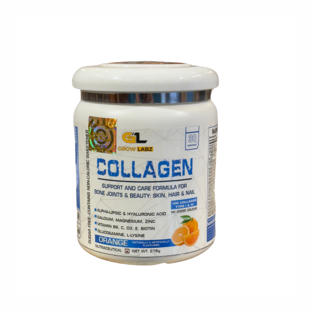 Collagen supplement container with label on a white background