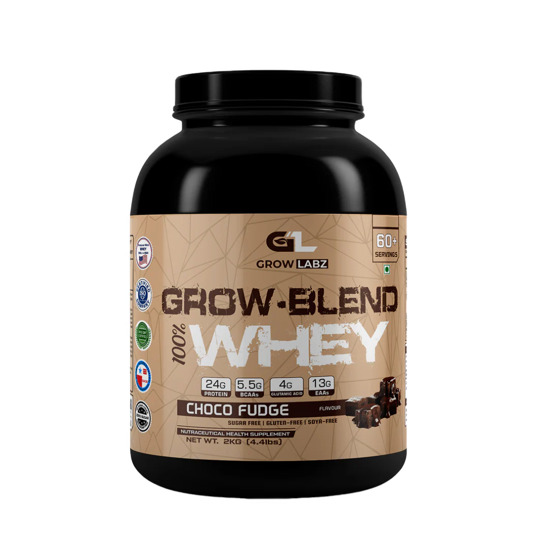 Grow Labz Grow Blend Whey protein powder container with choco fudge flavor on a white background