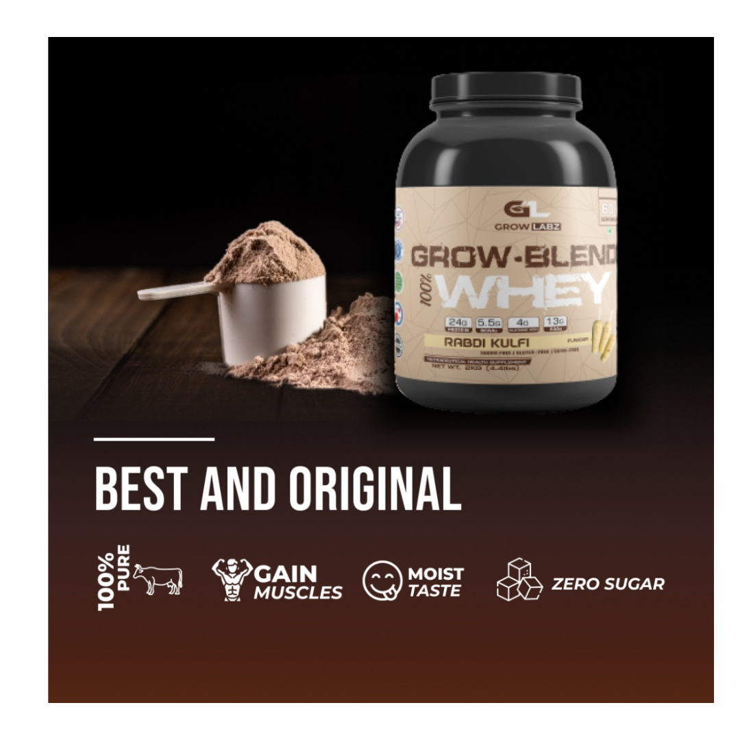 Whey protein powder container with scoop and powder on a dark surface, featuring 'Grow Blend Whey' brand.