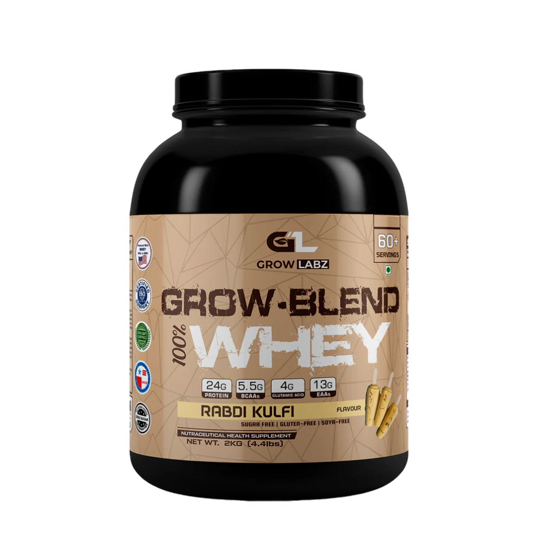 Grow Lab2 Grow Blend Whey protein powder container with rabdi kulfi flavor on a white background