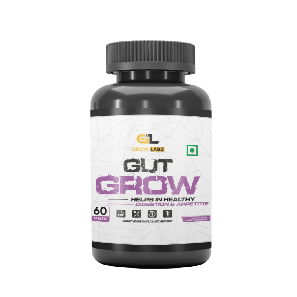 Supplement bottle labeled 'Gut Grow' by Grow Labz on a white background