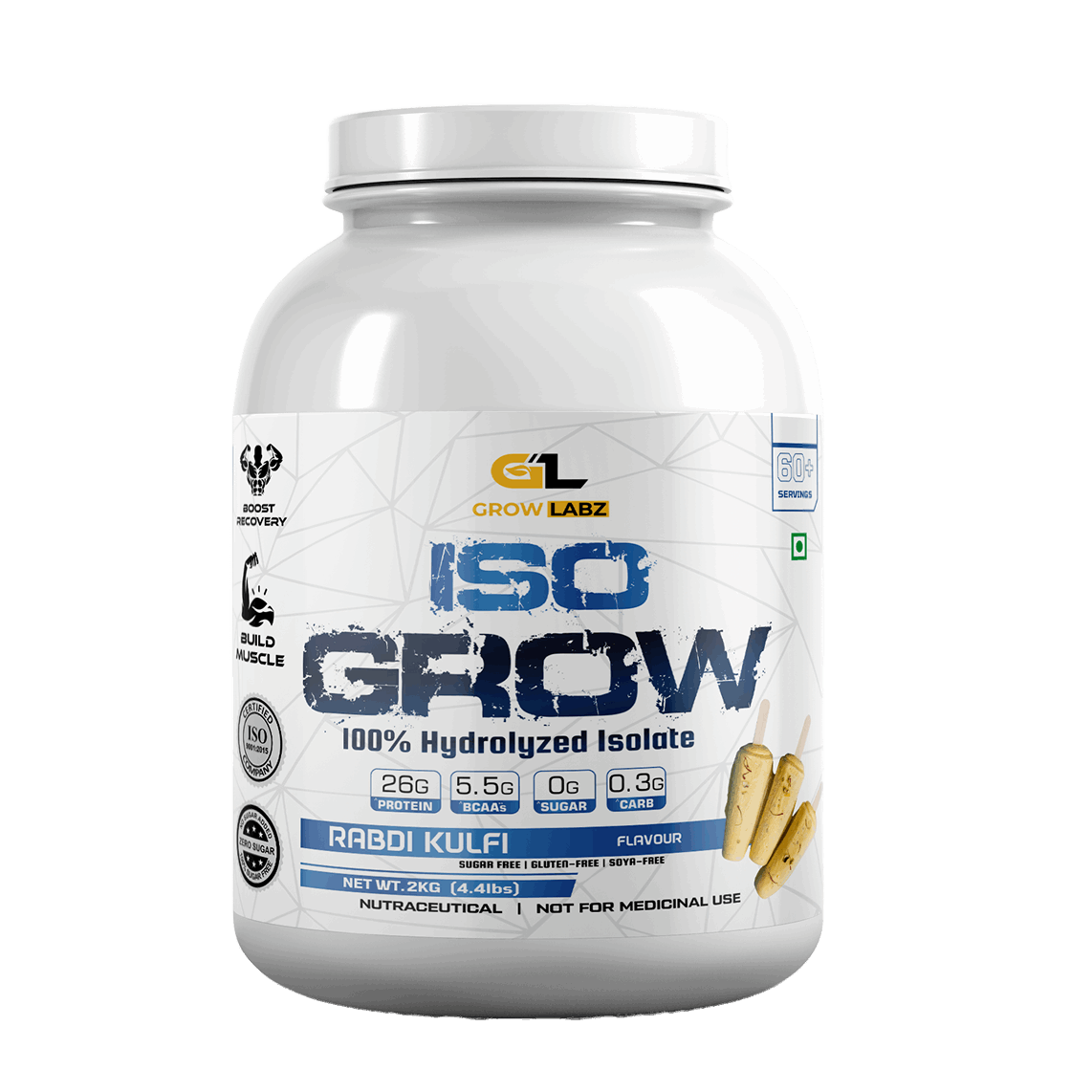 White supplement container labeled 'ISO GROW' with branding on a white background