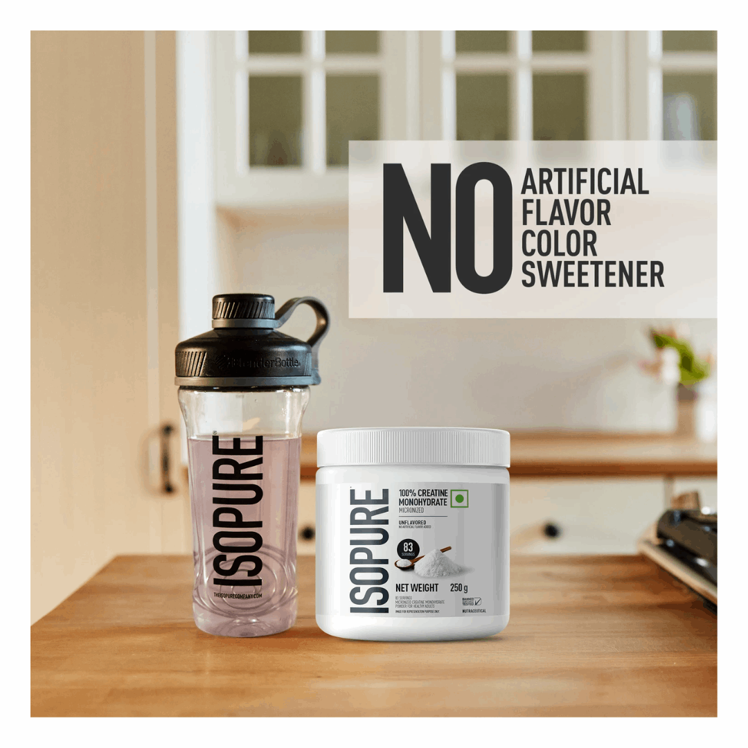 ISOPURE protein powder container and shaker bottle on a kitchen counter with a sign indicating no artificial ingredients.