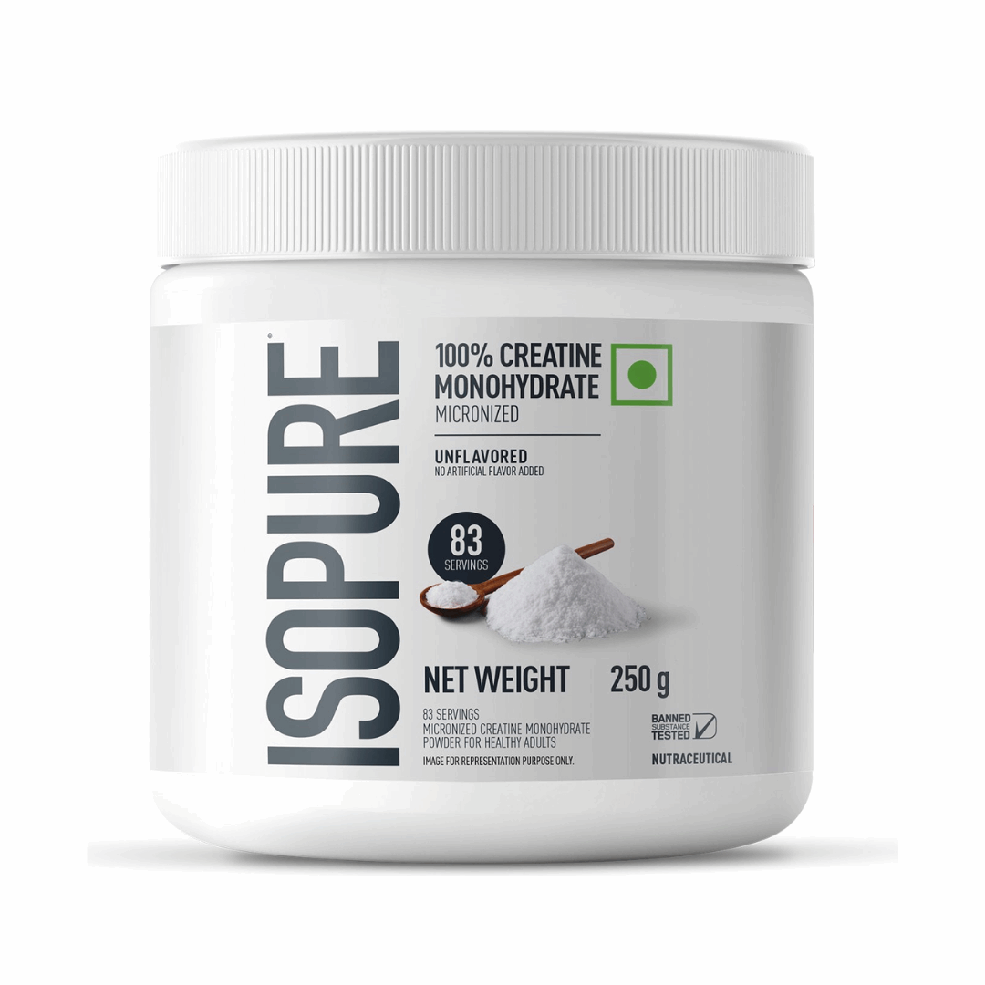 Isopure creatine monohydrate powder container on a white background
