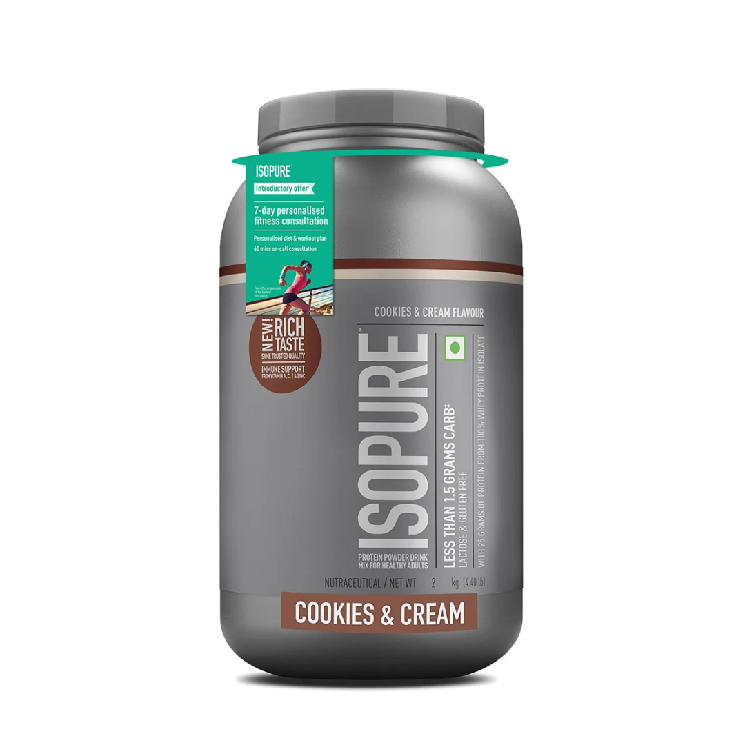 Sopure protein powder container with cookies & cream flavor on a white background