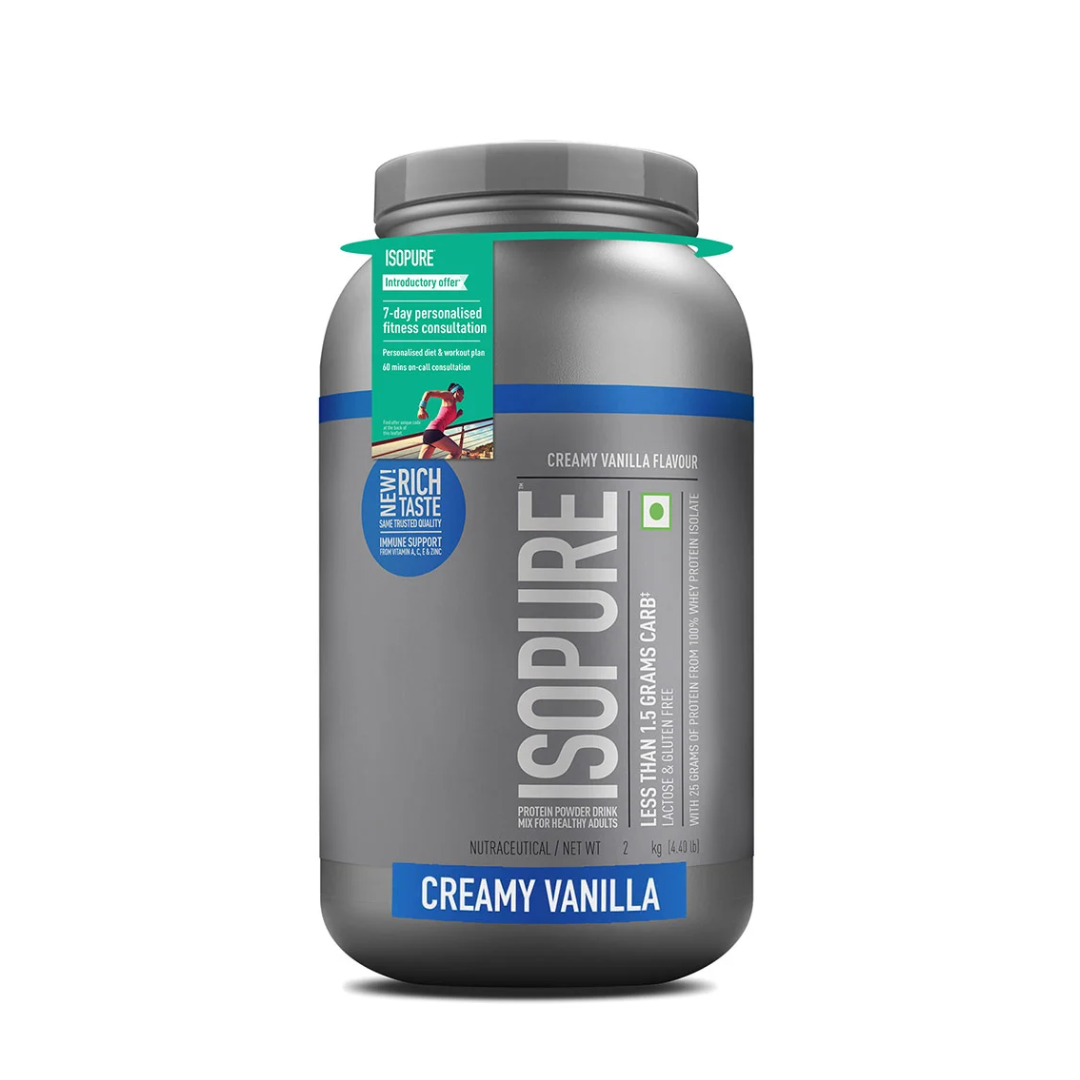 Sopure protein powder container with creamy vanilla flavor on a white background