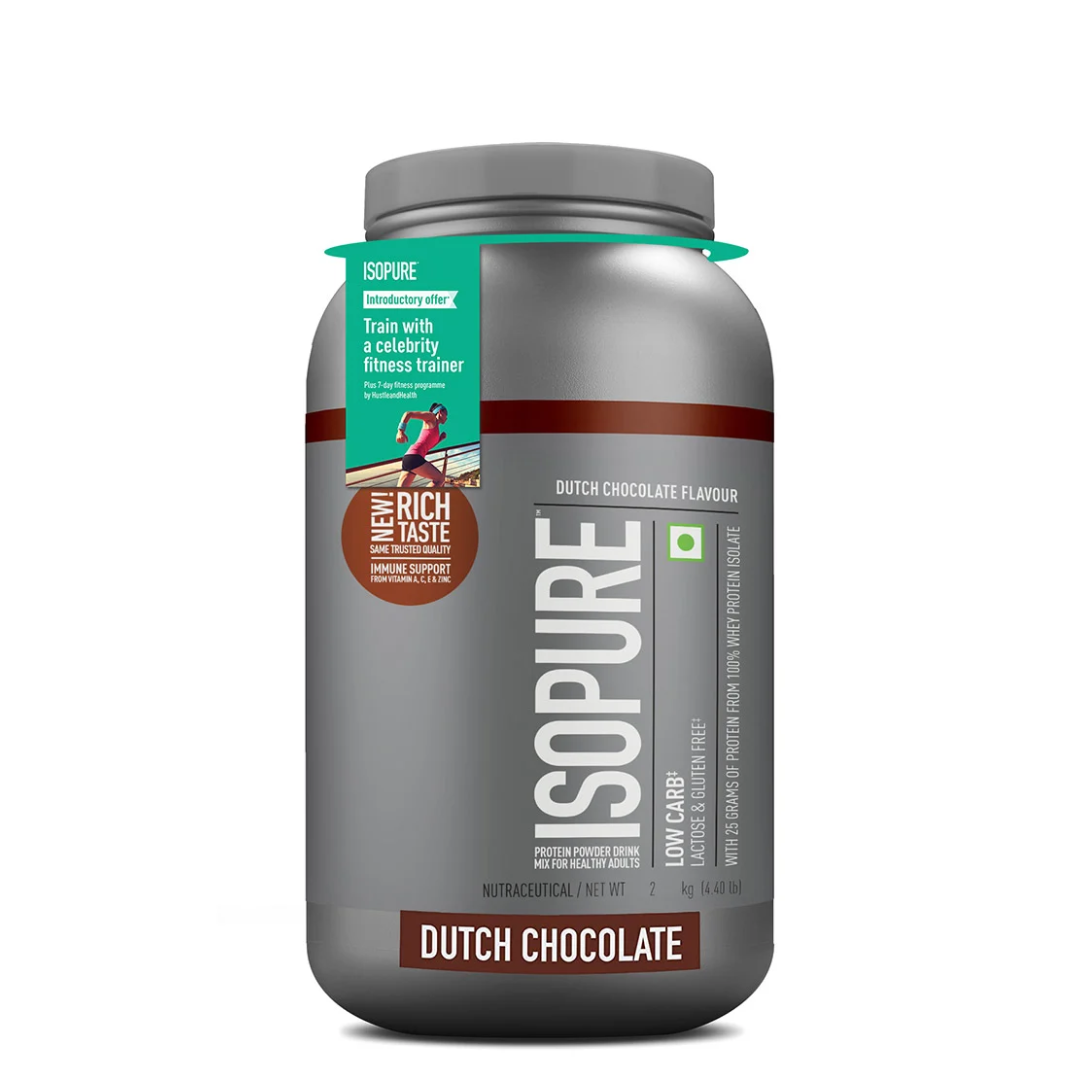 Isopure protein powder container with Dutch chocolate flavor on a white background