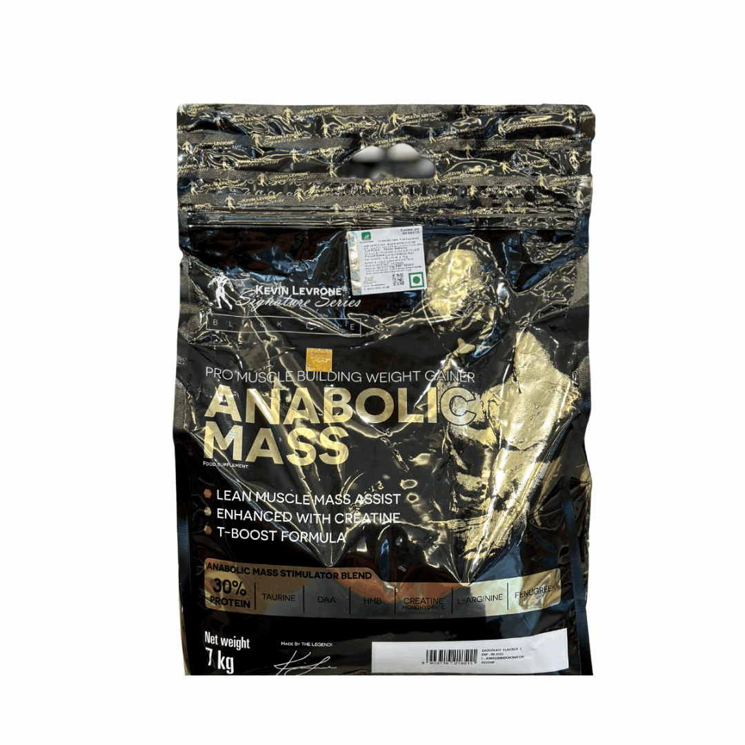 Package of Anabolic Mass supplement with branding and product details on a white background