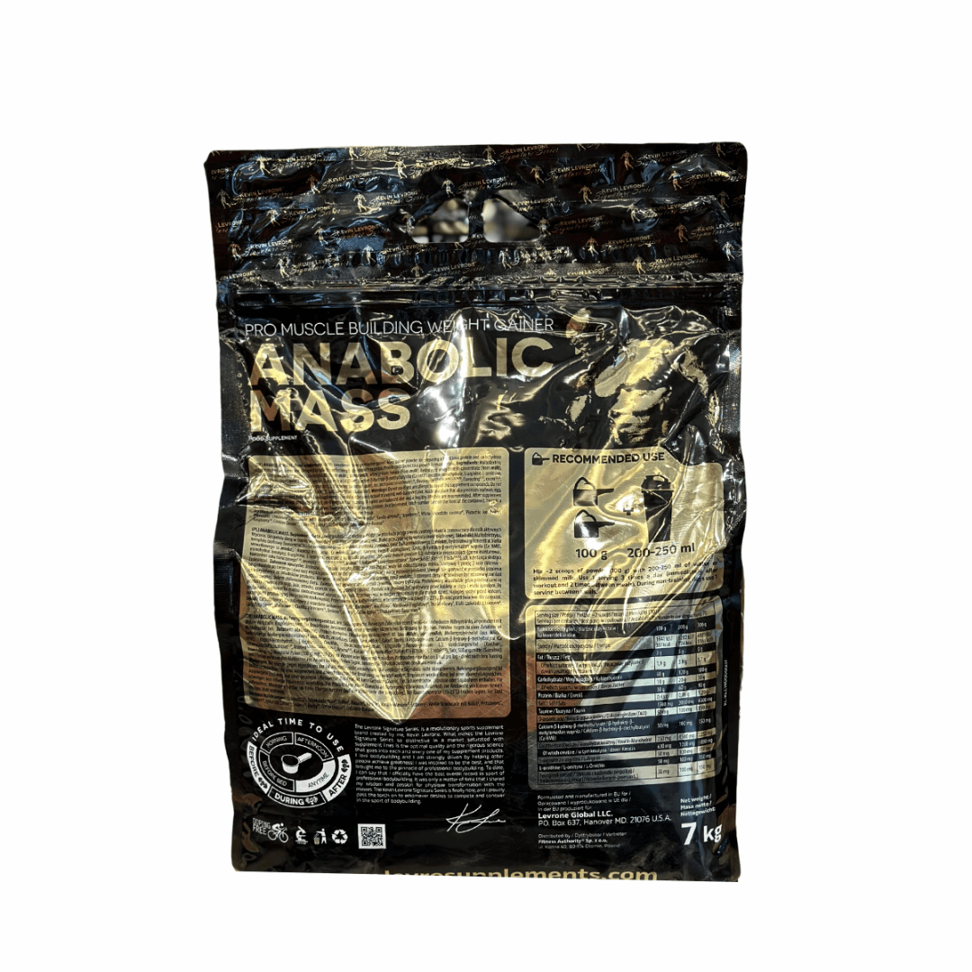 Package of Anabolic Mass supplement with gold and black design on a white background