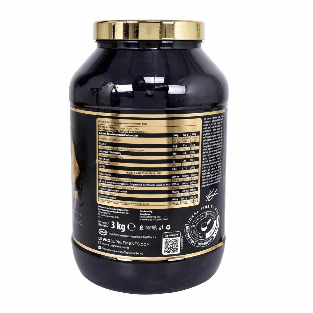 Black supplement container with gold lid and label on a white background