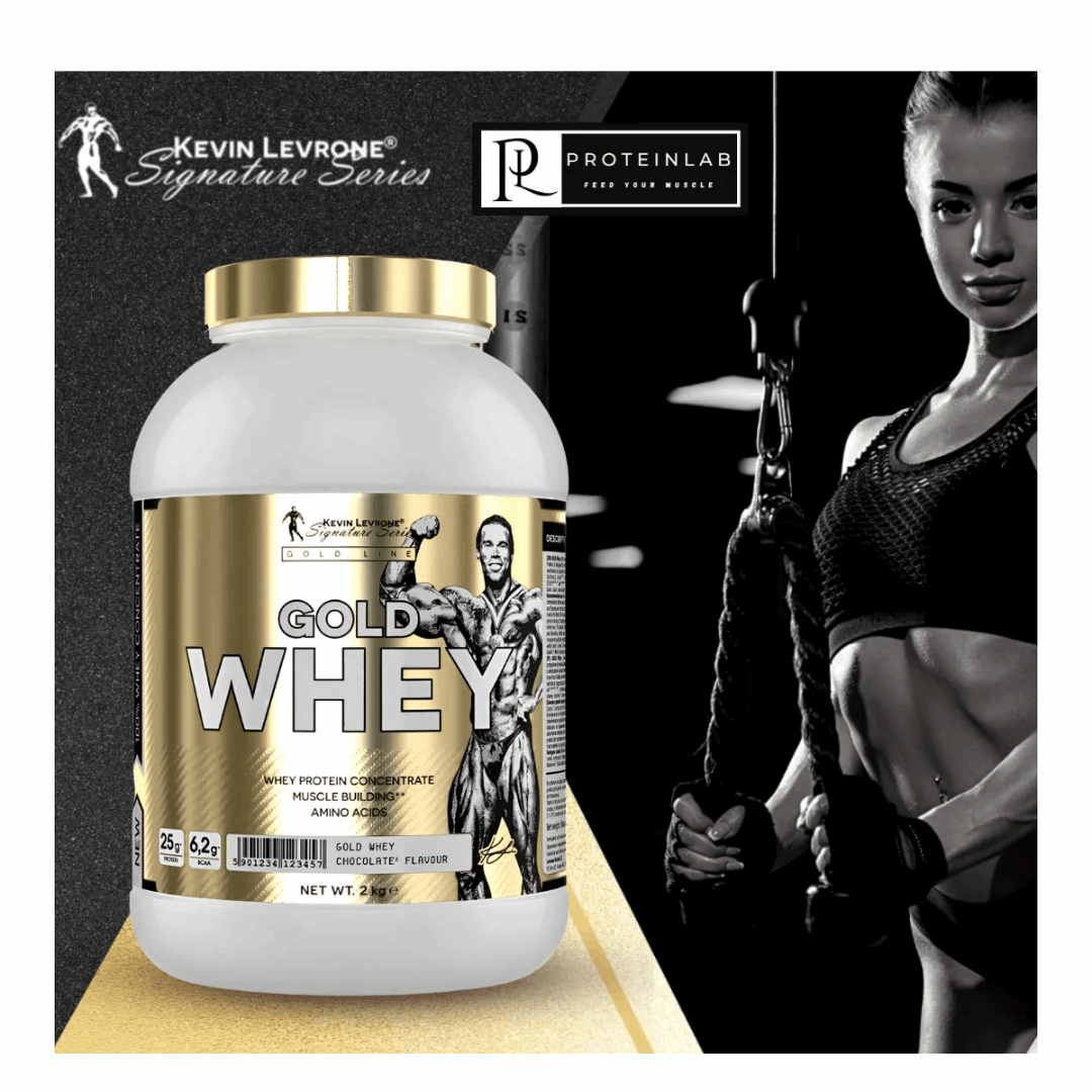 Kevin Levrone Gold Whey protein supplement with a fitness model in the background