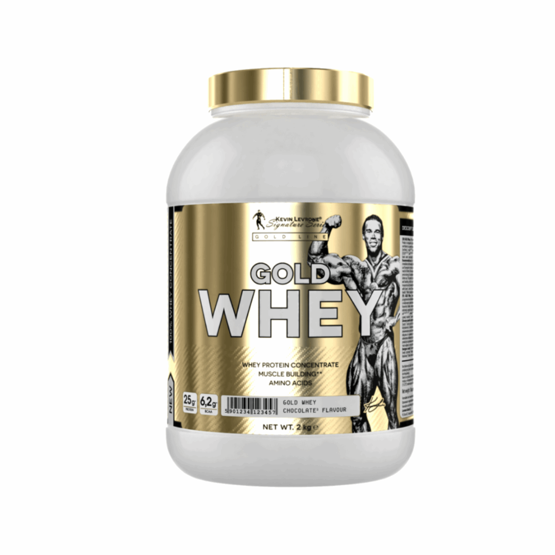Gold Whey protein supplement container with gold and white label on a white background