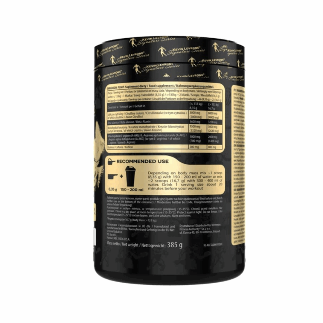 Black supplement container with gold text on a white background
