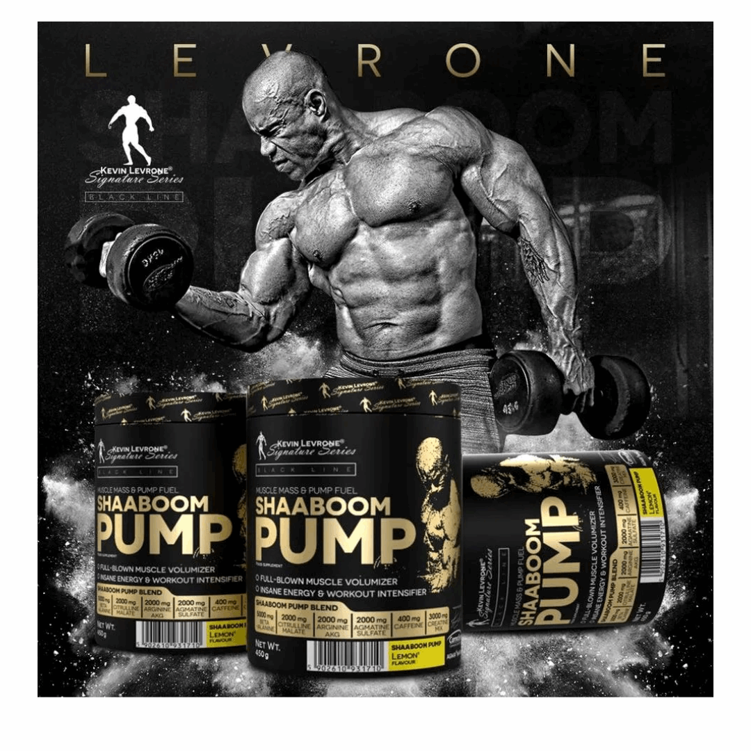 Bodybuilder holding dumbbells with Shaaboomb Pump supplement containers in the foreground, featuring Leyrone brand.