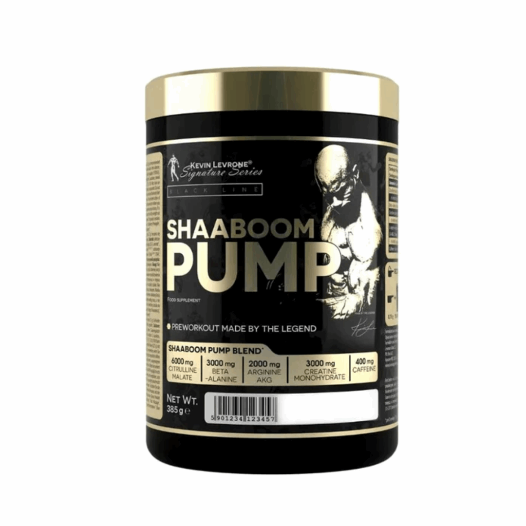 Supplement container labeled 'Shaaboom Pump' with a white background