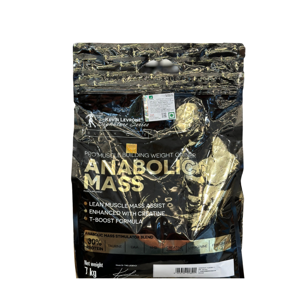 Package of Anabolic Mass supplement with branding and product details on a white background