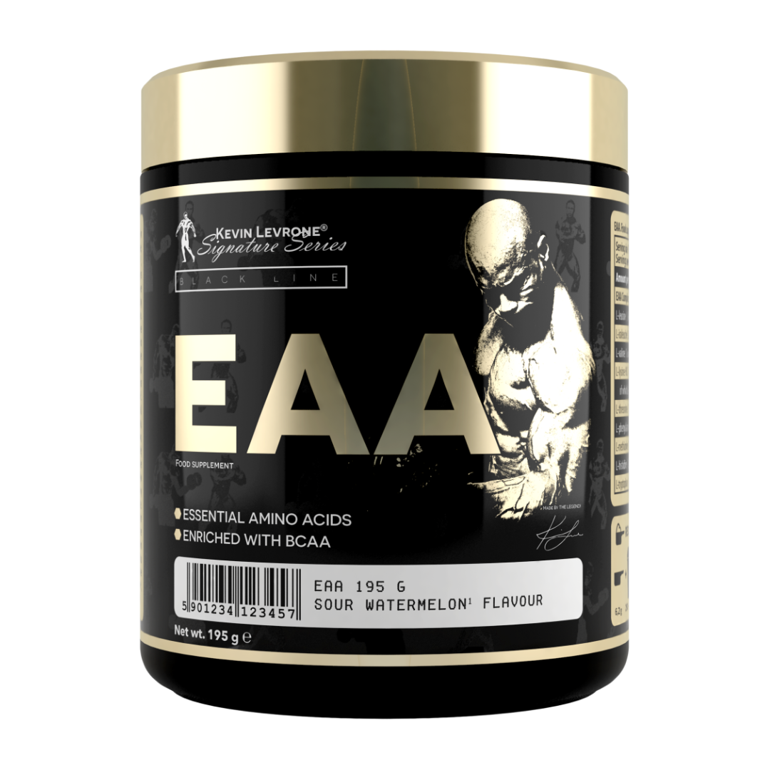 Kevin Levrone EAA supplement container with black and gold design