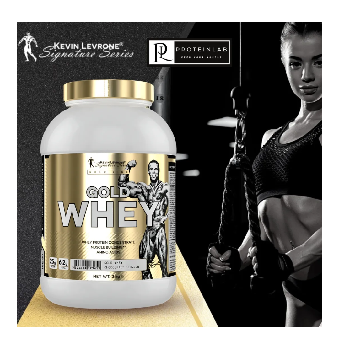 Kevin Levrone Gold Whey protein supplement with a fitness model in the background