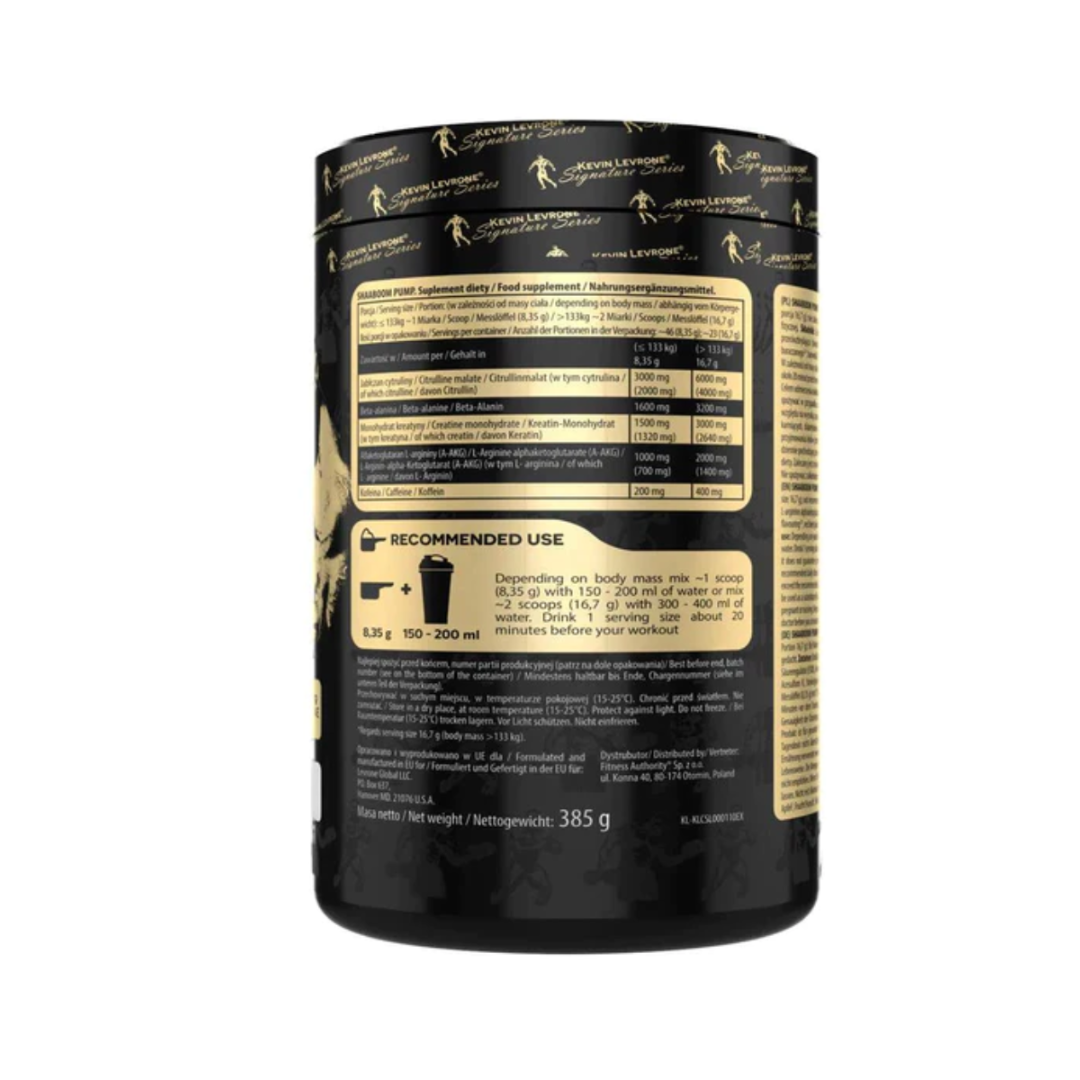 Black supplement container with gold text on a white background