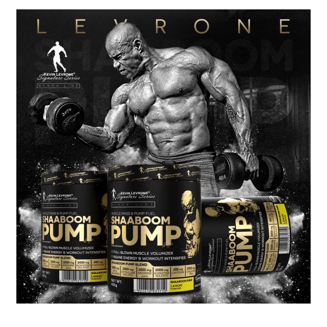 Bodybuilder holding dumbbells with Shaaboomb Pump supplement containers in the foreground, featuring Leyrone brand.